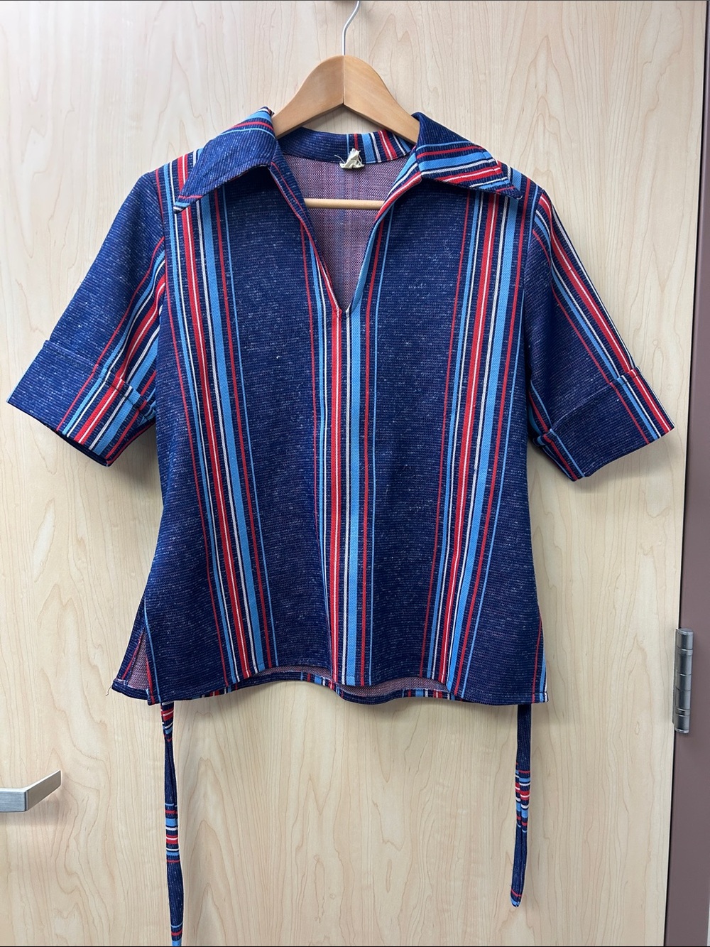 70’s Vintage Striped Navy Short-Sleeve Polo Blouse